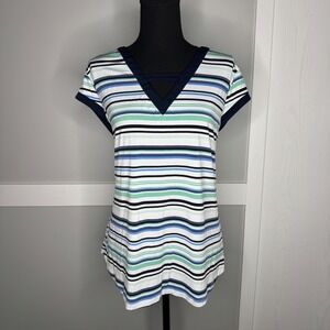 New York & Company Striped V-Neck Top Women XL Blue Green Stretch 2511